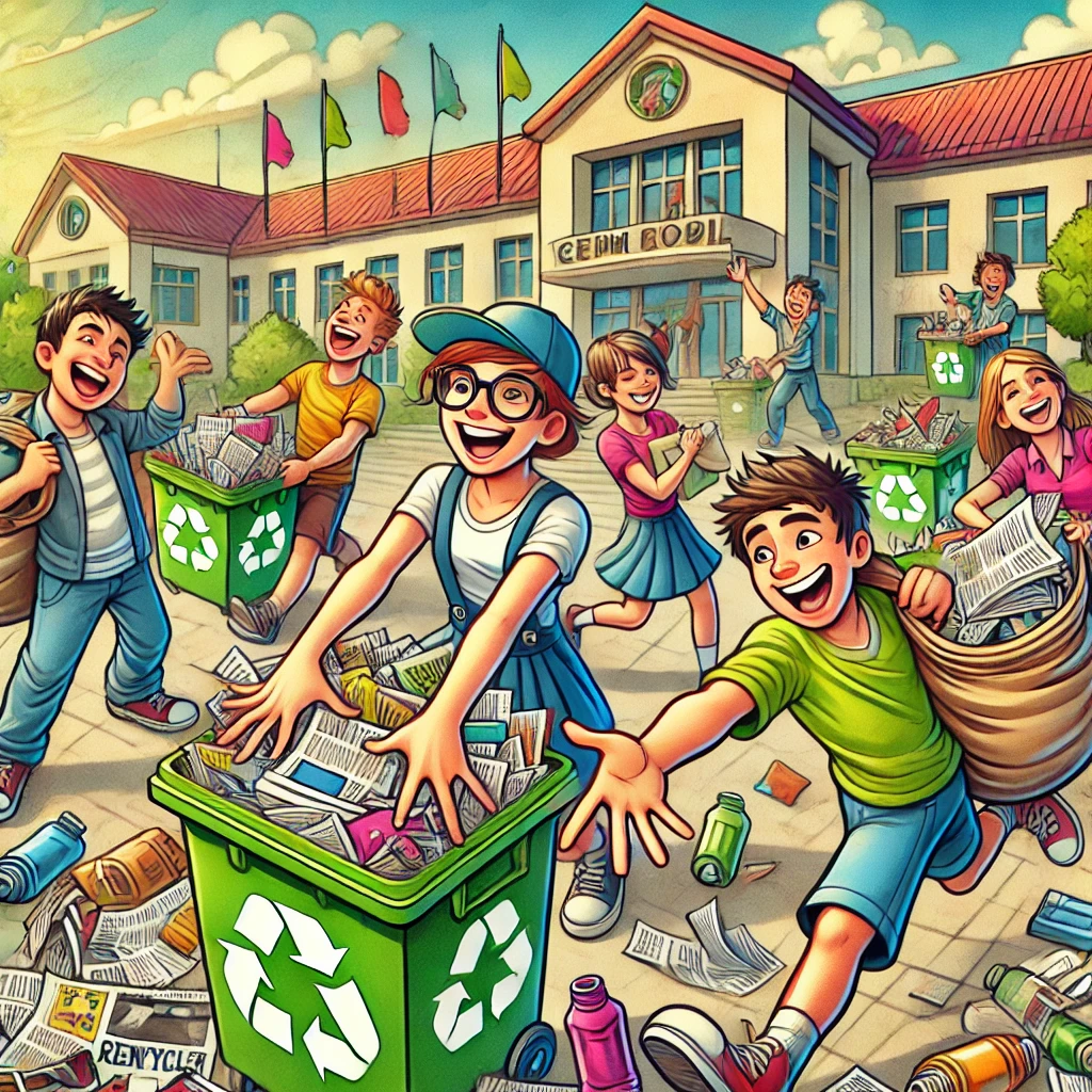 A-playful-comic-book-style-scene-of-students-collecting-waste-paper-outside-a-school-building.-The-characters-are-depicted-in-a-colorful-exaggerated