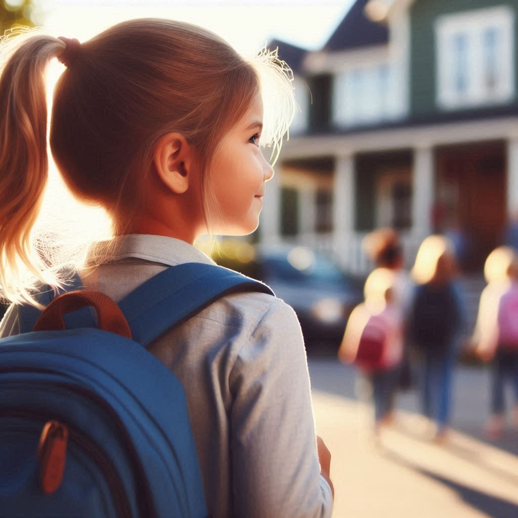A child going to school, turned away from the viewer, looking at the school with a good mood and courage in their eyes.